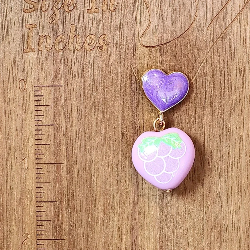 Purple Grape Heart Drop Earrings Enamel Fruit Dangle Gold Tone Whimsical 1.5